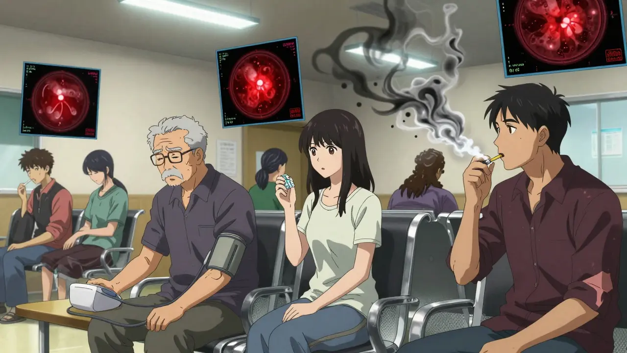 Diverse patients in a clinic with floating OCT scans showing retinal fluid, symbolizing RVO risk factors.