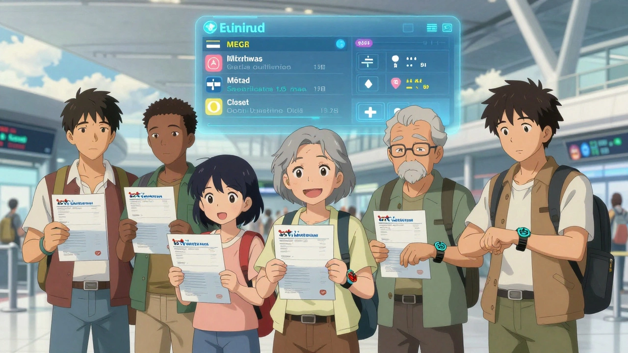 Diverse travelers at airport with health plans and digital outbreak alerts above them.