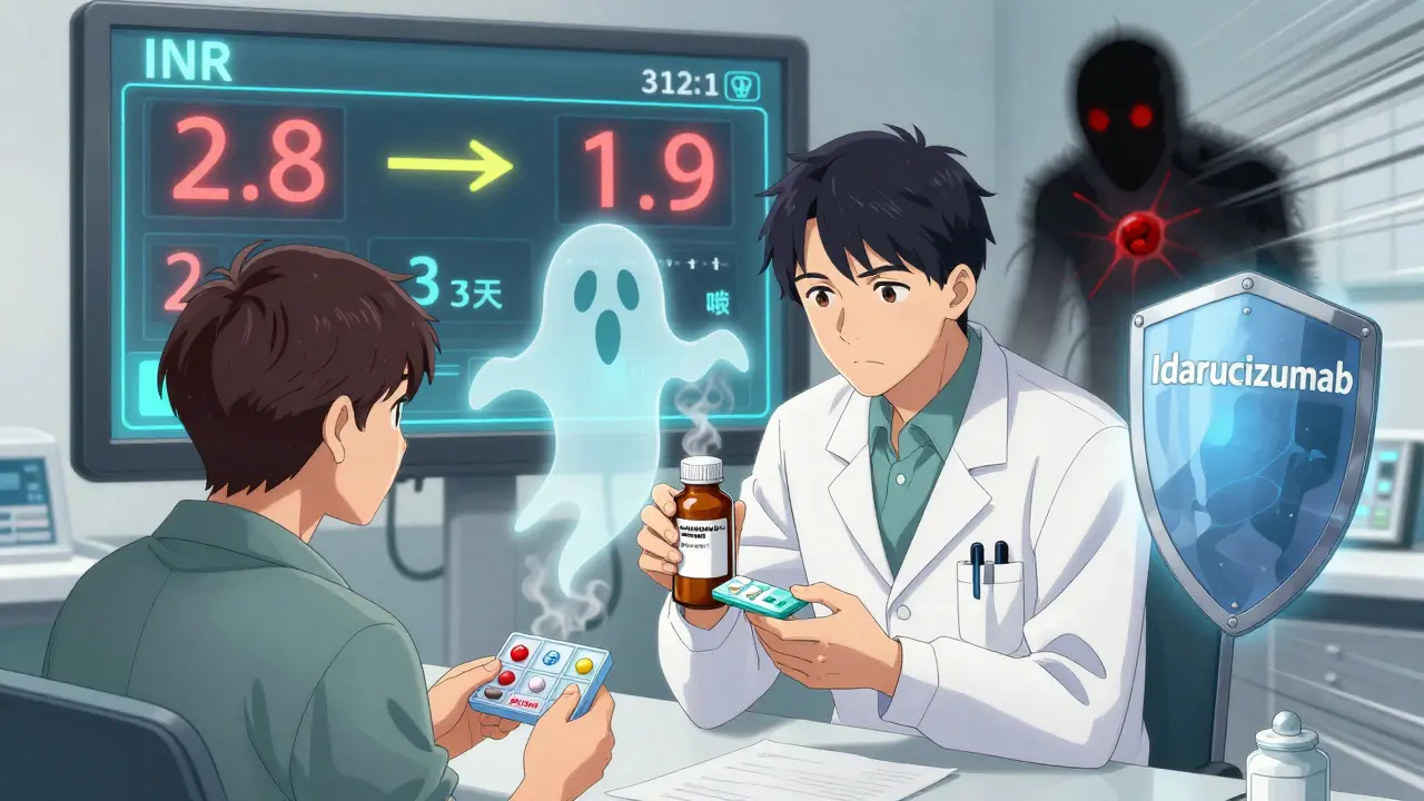 Doctor and patient reviewing INR levels and timing for switching anticoagulants, with safety warnings visible.