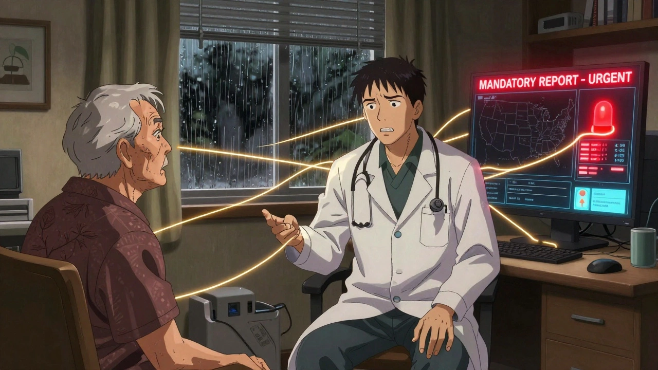 Doctor at telehealth station with split-screen showing patient in another state and urgent report alert.