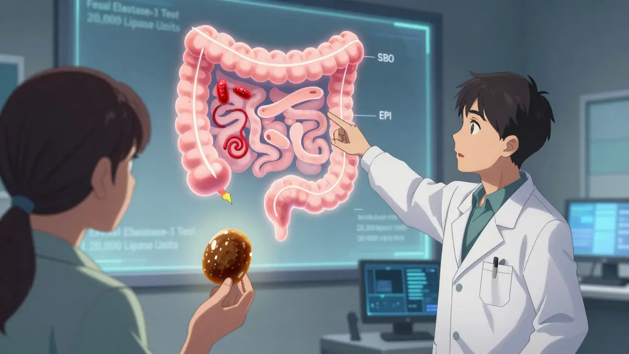 Doctor explaining EPI and SIBO using a glowing intestinal diagram with floating stool samples.