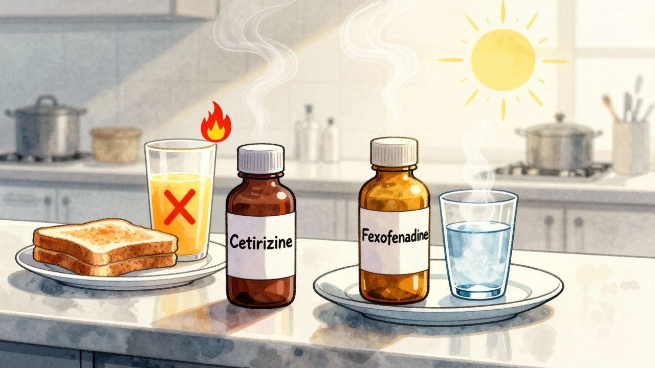 Fexofenadine bottle on a clean plate with water and sunbeam, while cetirizine is shown with orange juice and a warning flame.
