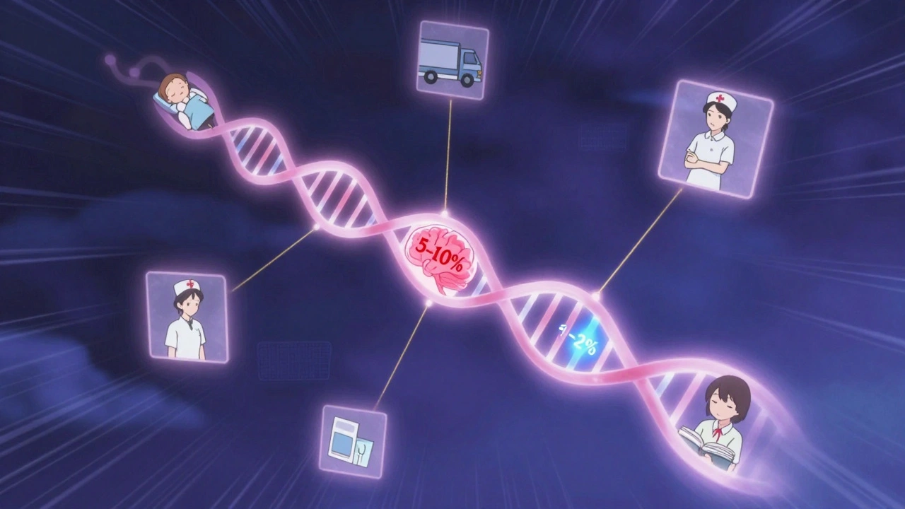 Floating medical chart with glowing DNA strands showing brain penetration rates, surrounded by icons of drivers, nurses, and students.