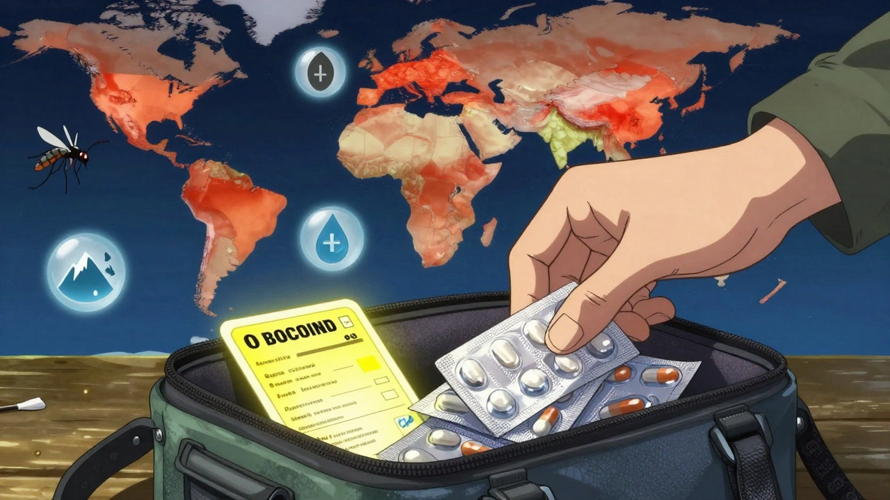 Hand placing malaria pills into a travel kit with yellow fever certificate and global risk map.