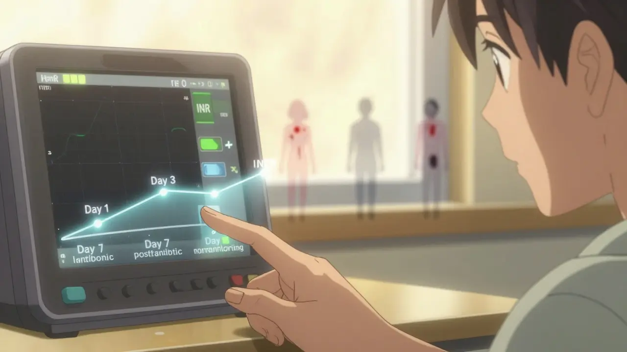 Hand using home INR monitor with timeline showing INR changes after antibiotic start