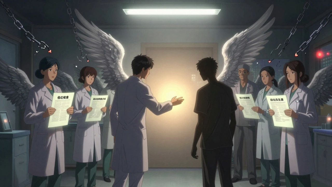 Healthcare workers standing together as glowing reports rise around them, symbolic wings unfolding in light.
