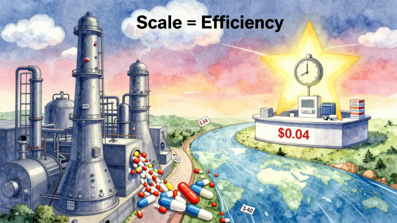 Massive generic drug factory pouring pills across continents to a U.S. pharmacy, contrasted with a fading brand-name lab.