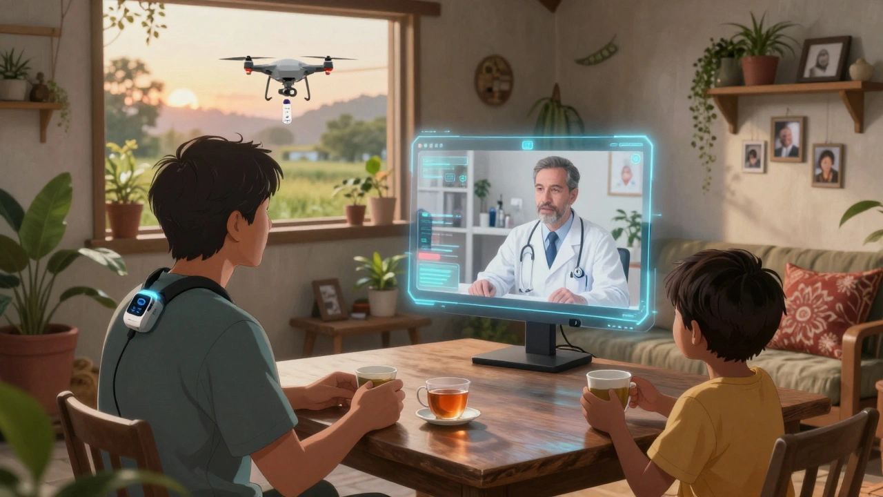 Patient at home using a wearable device for remote clinical trial monitoring, video-calling an oncologist with family nearby.