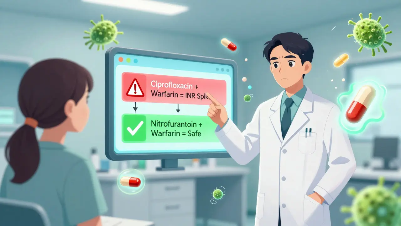 Pharmacist explaining antibiotic risks on digital chart, red warning vs green safe pathways