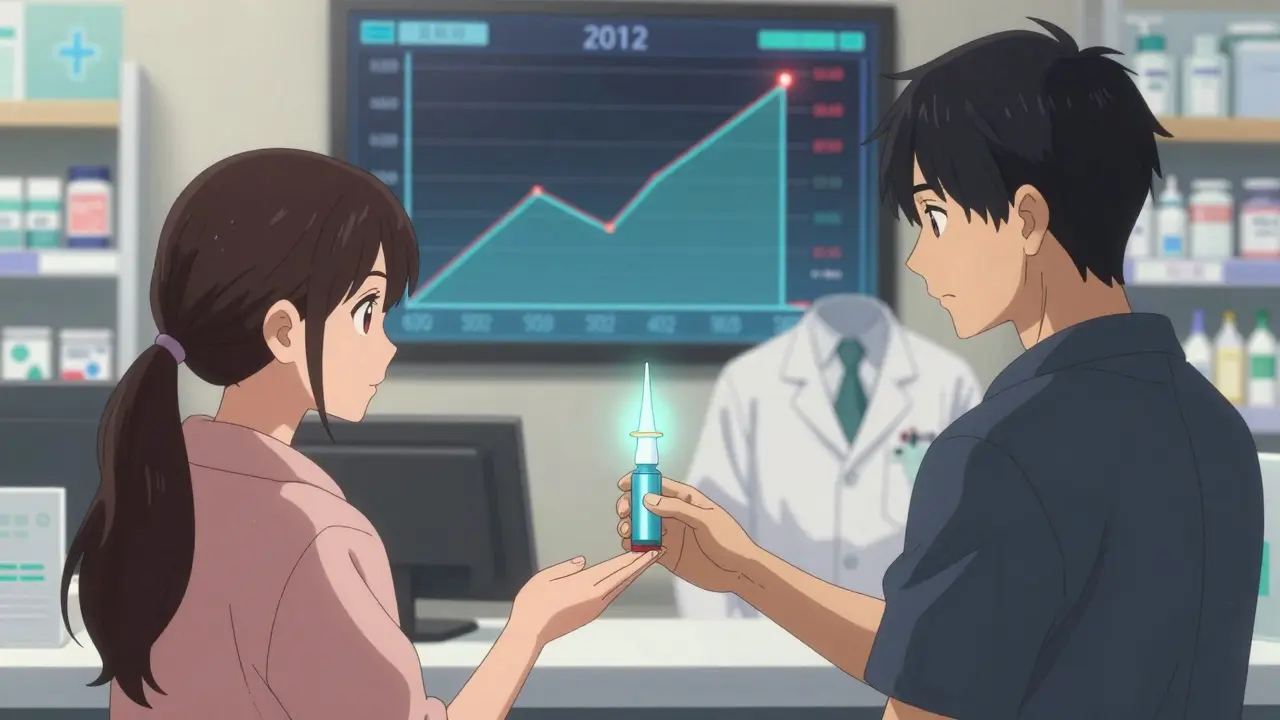 Pharmacist gives naloxone to patient as opioid prescription graph declines