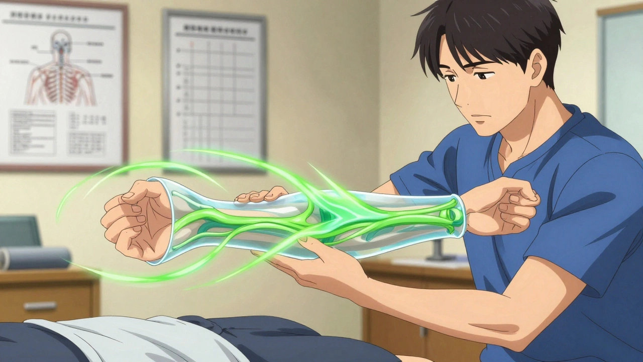 Physical therapist demonstrating nerve gliding exercises for carpal tunnel relief.