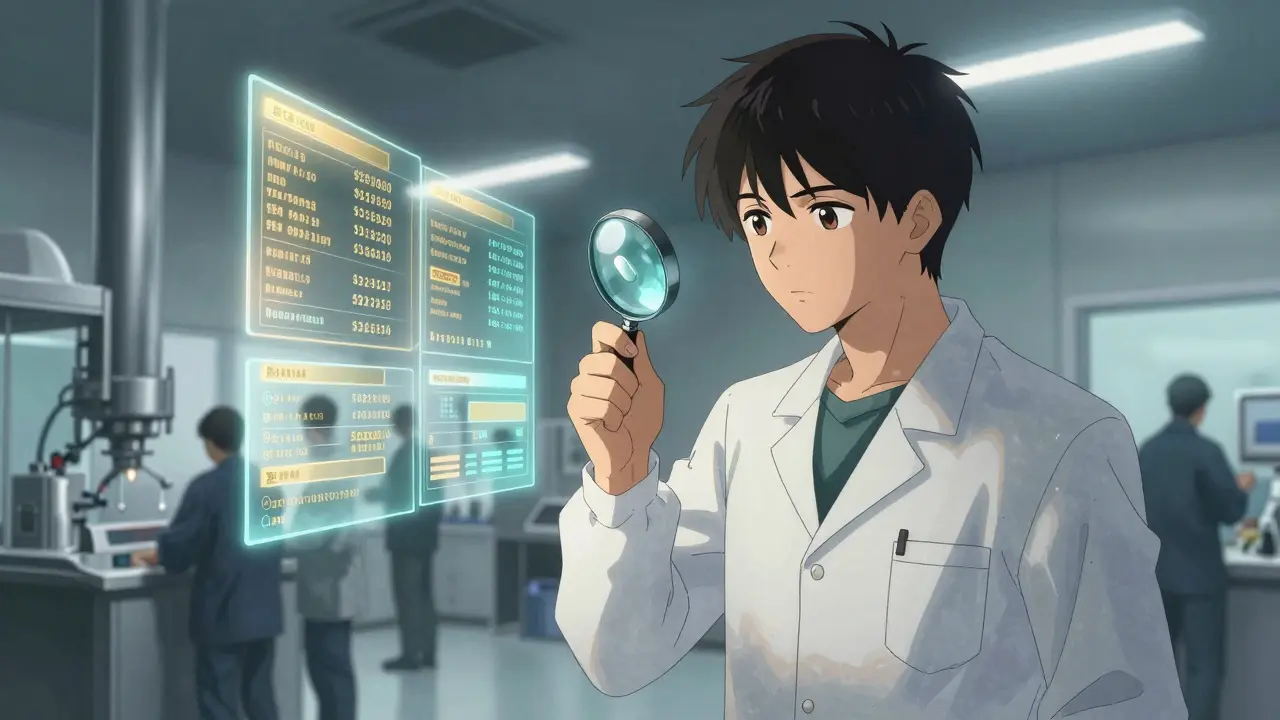 QA technician examining a pill with floating data panels in a sterile cleanroom environment.