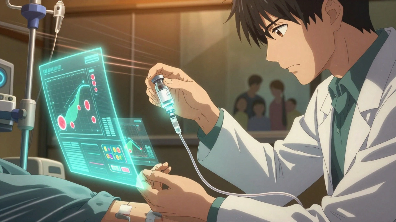 Scientist administering a glowing experimental treatment via IV as holographic tumor data floats around, patient’s hand clenched in determination.