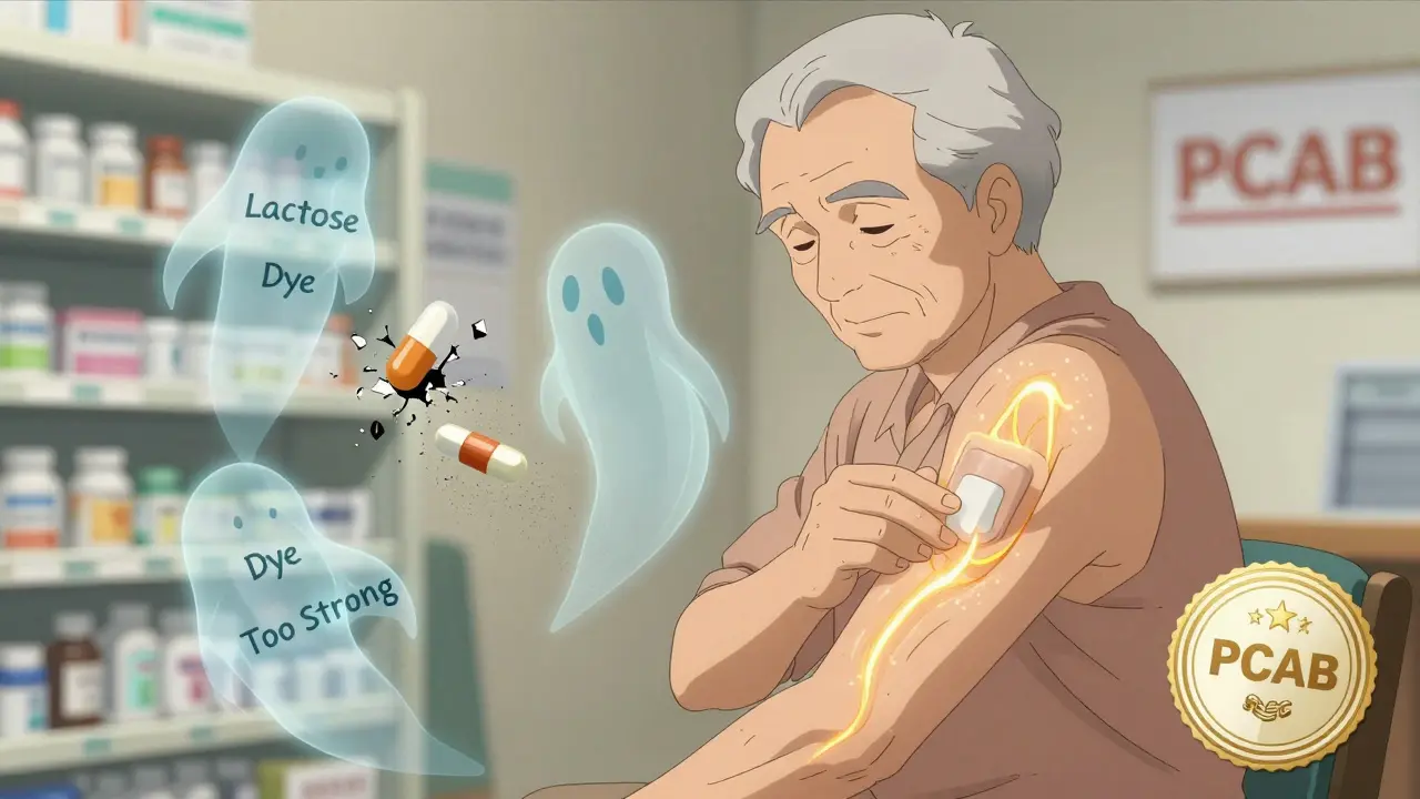 Senior applying hormone cream with glowing absorption paths, failed pills dissolving into dust.