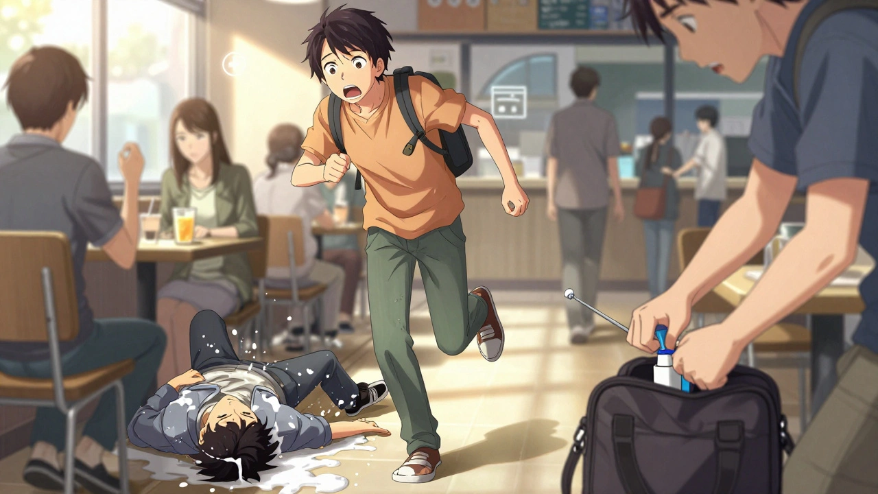 Someone collapsing in a café while another person administers nasal glucagon, bystanders reacting in shock.