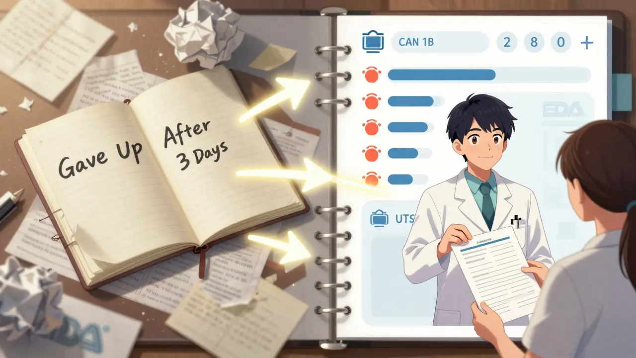 Split scene: messy paper diary on left, organized digital diary with pharmacist on right.