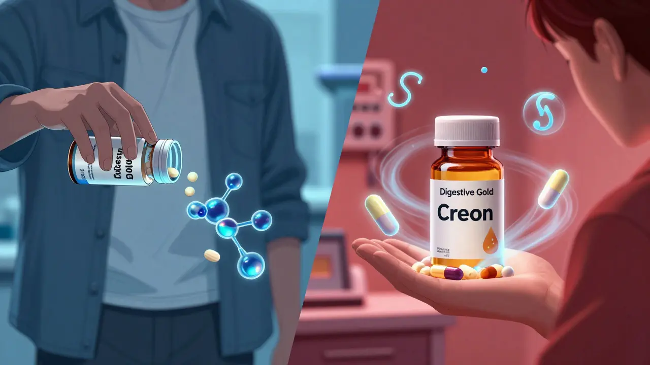 Split scene: OTC enzyme pill scattering randomly vs. prescription capsule with precise enzyme activity.