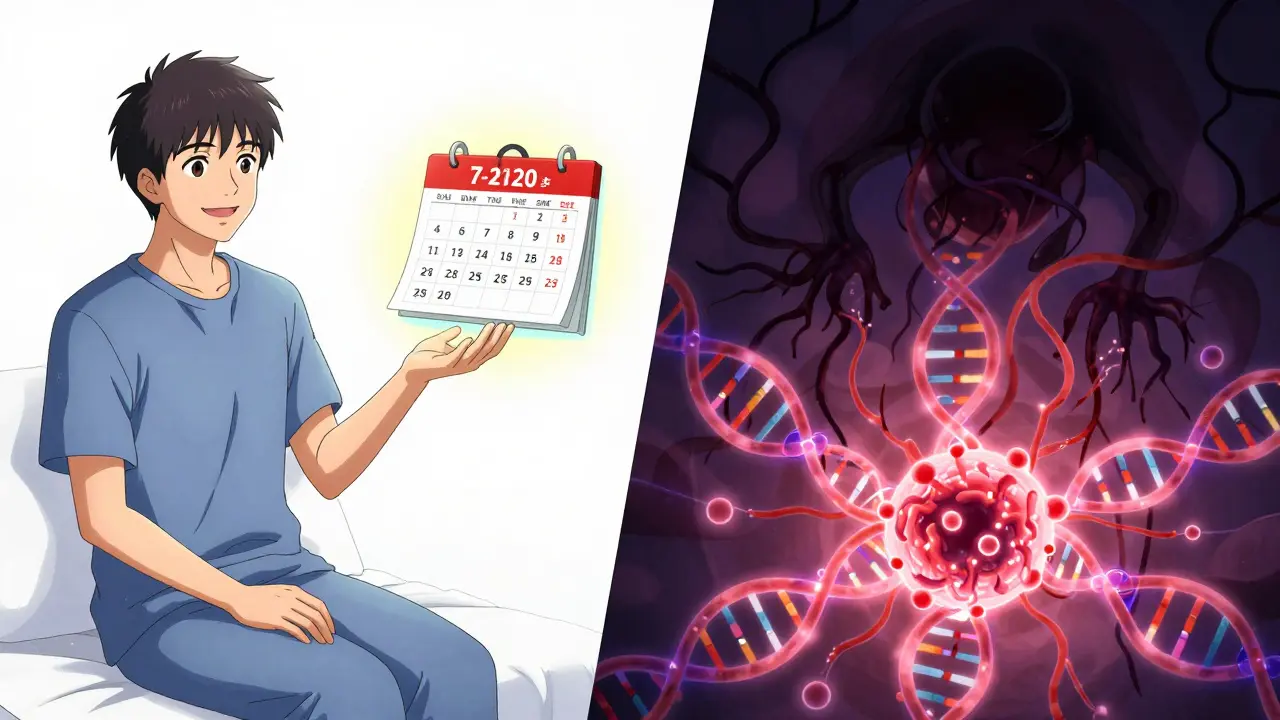 Split scene: patient with surveillance calendar on one side, cancer vine growing from a missed polyp on the other.