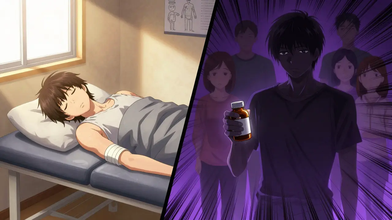 Split scene: person sleeping after therapy vs. struggling with opioids