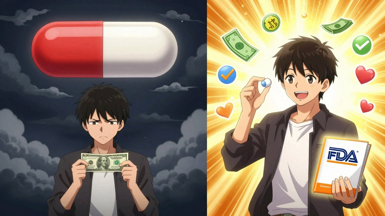 Split scene: person stressed over expensive brand-name drug vs. happy with cheap generic, golden FDA book beside them.