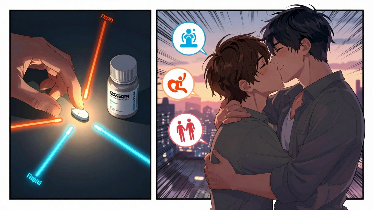 Split scene showing bupropion augmentation improving mood and intimacy through enhanced neurochemical pathways.
