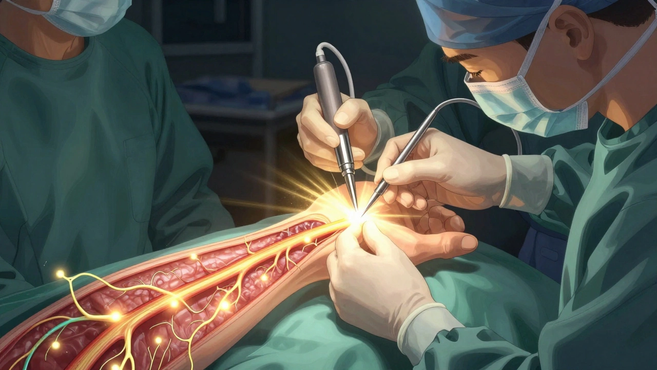 Surgeon performing endoscopic carpal tunnel release with glowing nerve decompression.