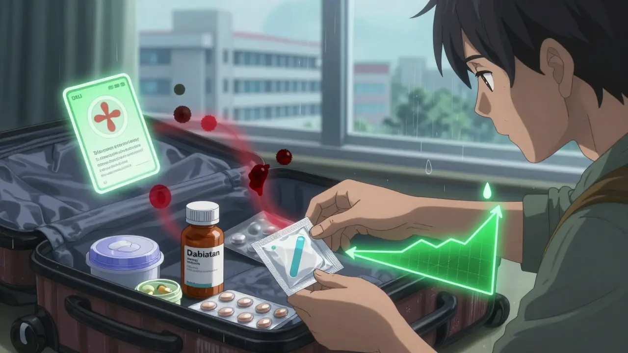 Traveler packing DOACs properly, with alert card and kidney health symbols guiding safe medication use.