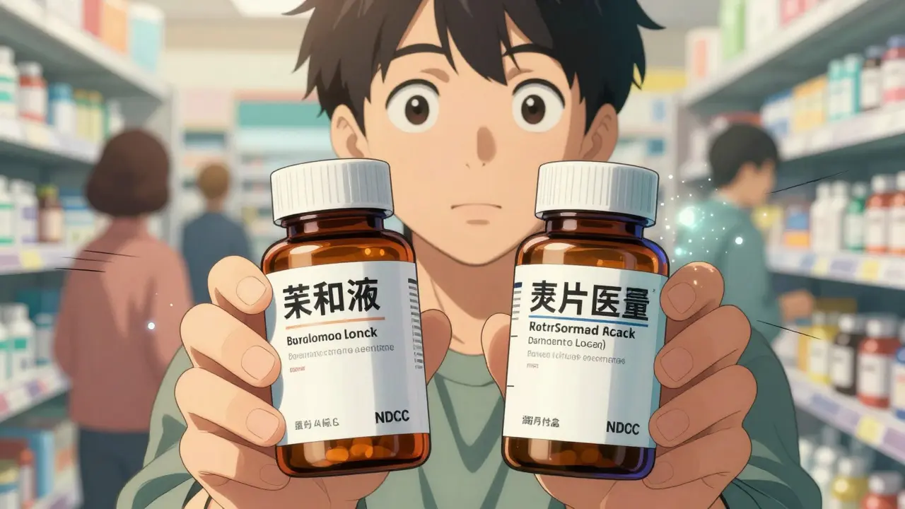 Two identical pill bottles side by side with different manufacturer labels in a pharmacy aisle.