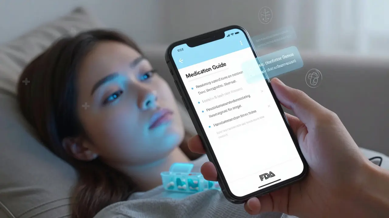 Woman reading a digital Medication Guide on her phone, calm and informed at home.
