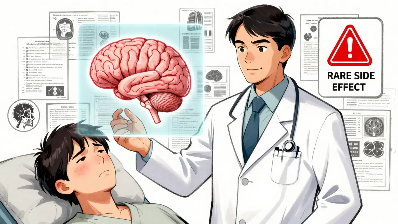 A doctor's brain filters out medical evidence, focusing only on a single warning symbol.