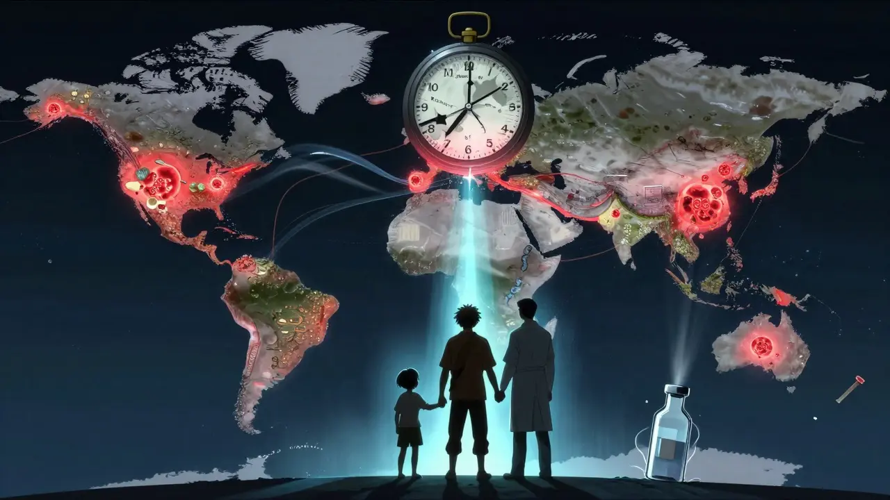 A global map showing spread of superbugs, with people uniting against a collapsing antibiotic era.