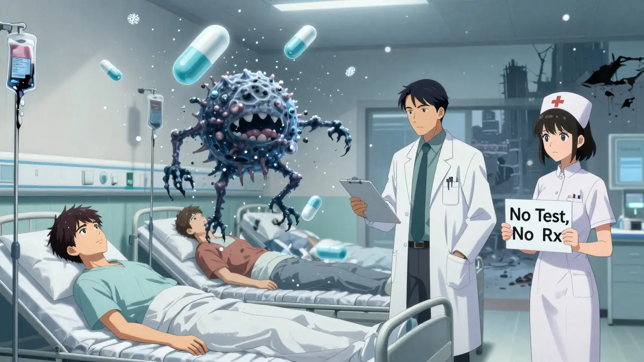 A hospital scene with antibiotic pills raining down as dangerous superbugs emerge, while doctors are powerless.