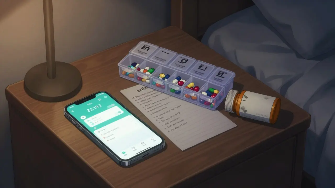 A nightstand with a phone showing a medication app, a pill organizer, and a handwritten list under dim lighting.