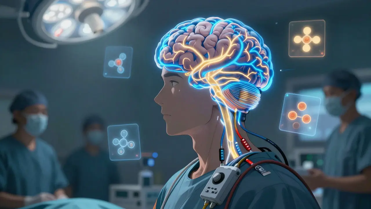 A person with glowing neural pathways during deep brain stimulation surgery, symbolizing treatment for Parkinson’s.