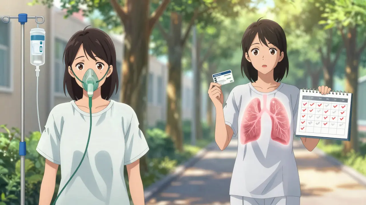 A woman transitions from struggling in a hospital to walking confidently outdoors, holding a vaccine card and smoke-free calendar.