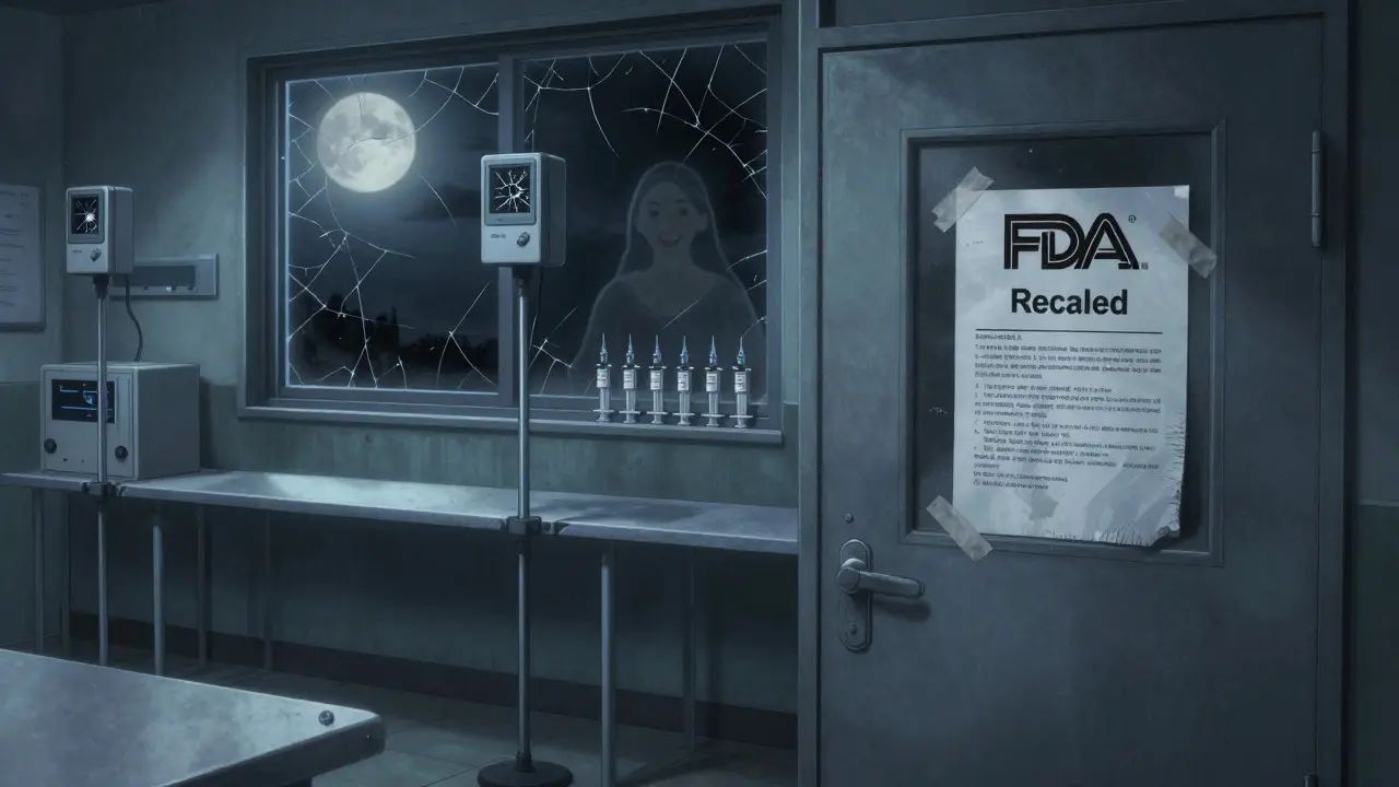 Abandoned drug facility at night with a warning letter and recalled syringes, moonlight casting shadows of faded patients.