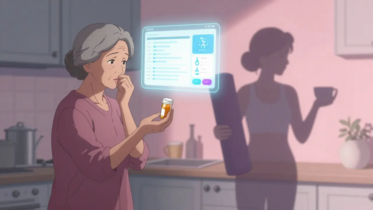 An elderly woman hesitates with a pill bottle as her shadow shows a healthier alternative of yoga and tea.