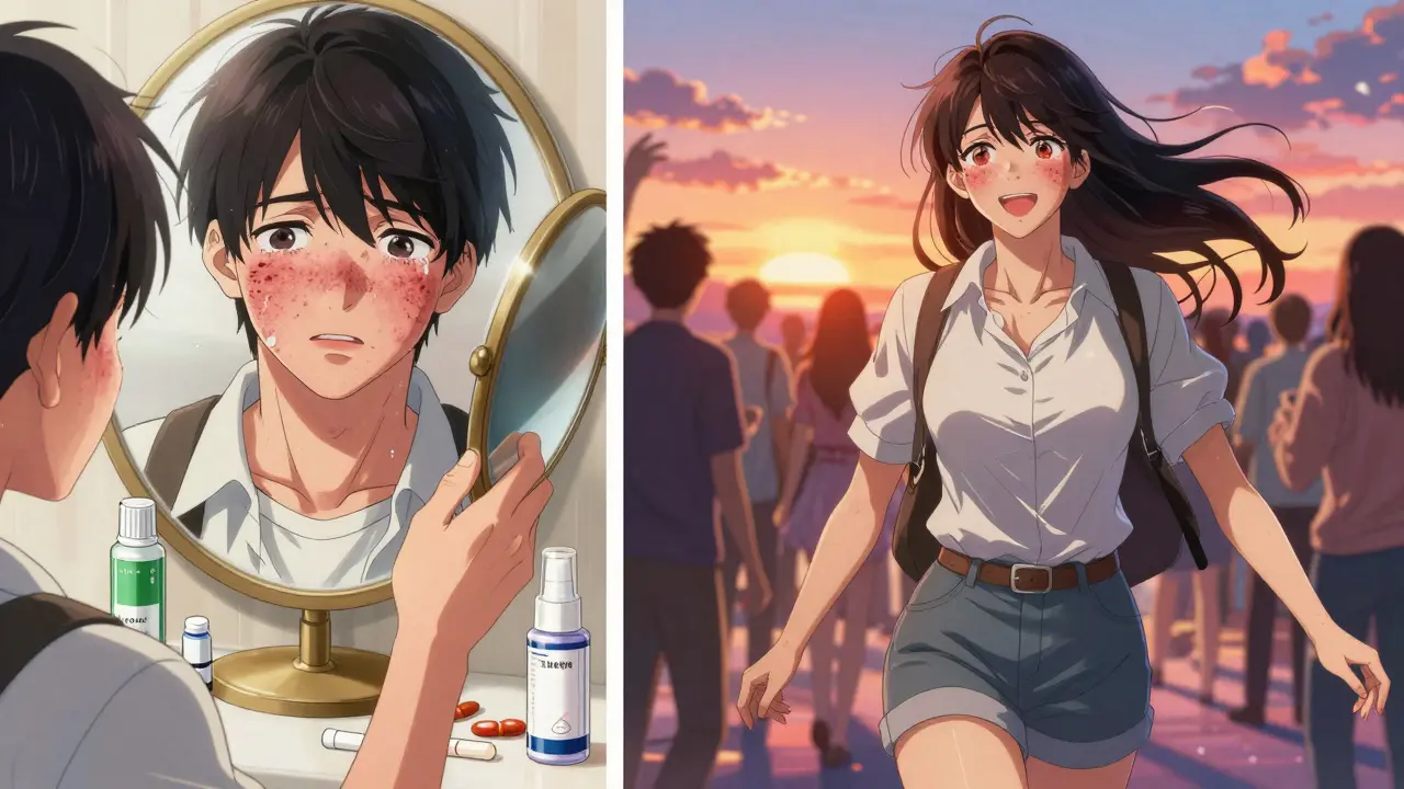 Before and after transformation of a person with severe acne, now smiling at a party with clear skin.