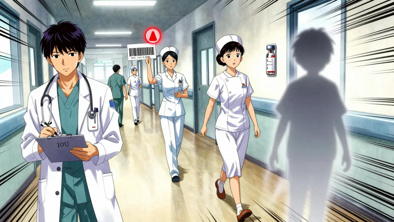 Chaotic hospital handoff with barcode alert and ghostly child silhouette hinting at dosage risk.