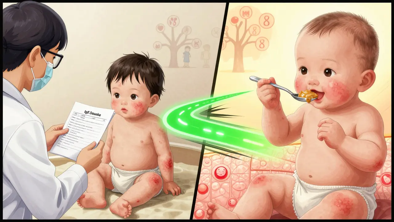 Child with eczema transformed to healthy skin, holding peanut butter, medical symbols fading behind.