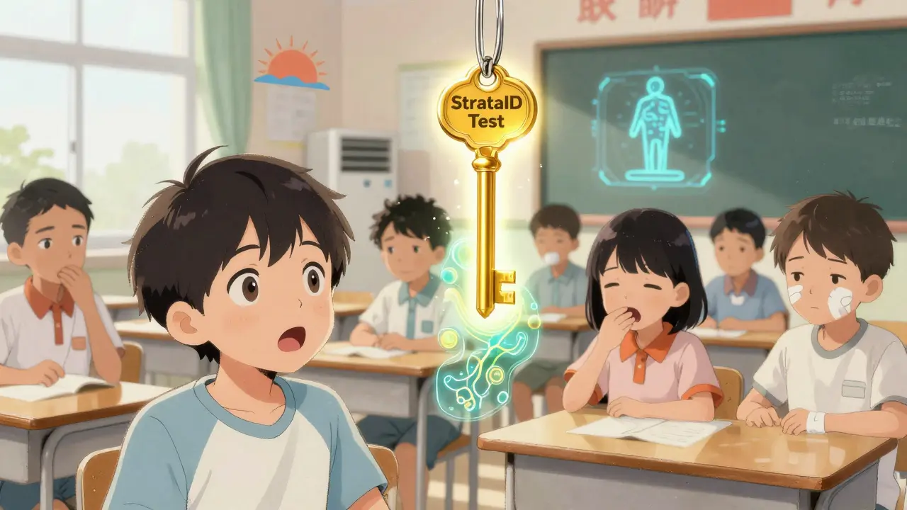 Children in classroom with one showing signs of immunodeficiency, golden genetic test key glowing above.