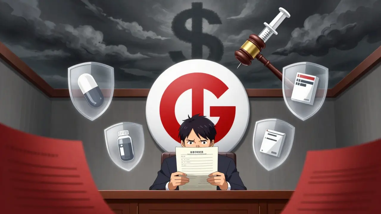Courtroom with giant brand drug logo overpowering a small generic maker surrounded by patent shields.