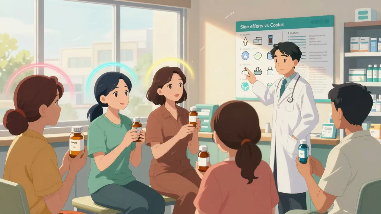 Diverse patients in a pharmacy discuss medication choices with a pharmacist beside a visual decision aid chart.