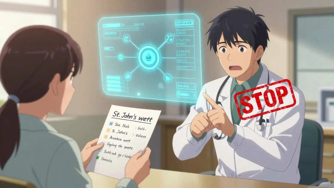 Doctor and patient reviewing supplement list, hologram showing hormone levels crashing.