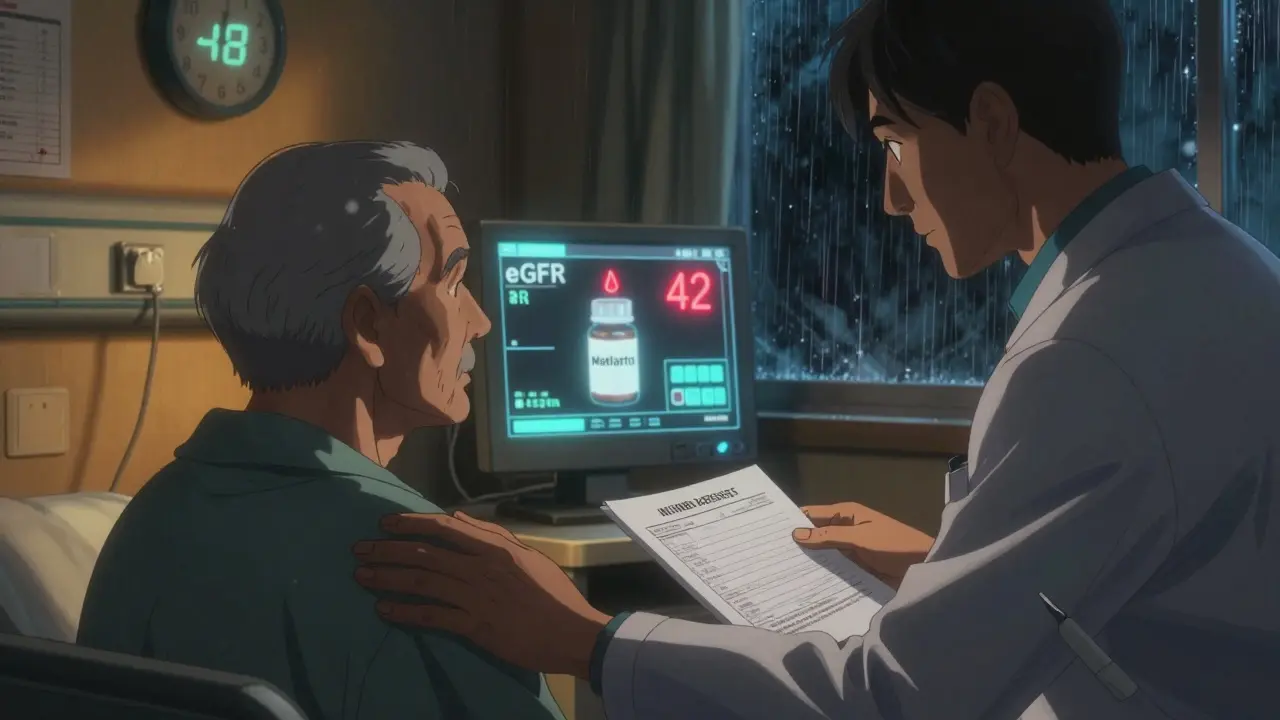 Elderly patient reviewing low eGFR results with doctor in a dim hospital room.