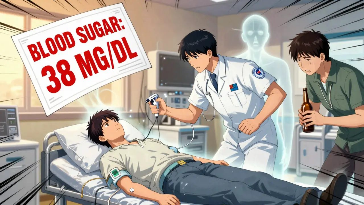 Emergency room scene with unconscious diabetic patient, paramedics administering glucagon.