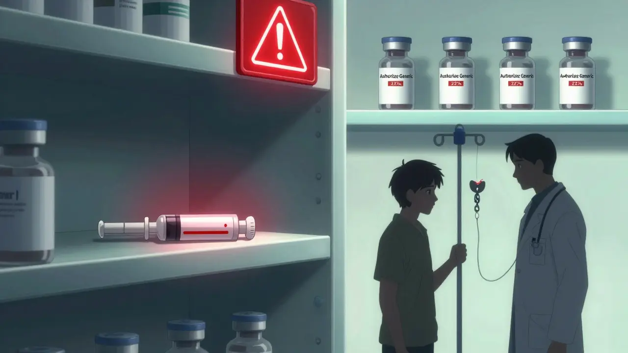 Empty shelf where a critical drug disappeared, with authorized generics on distant shelf and rising price tags.