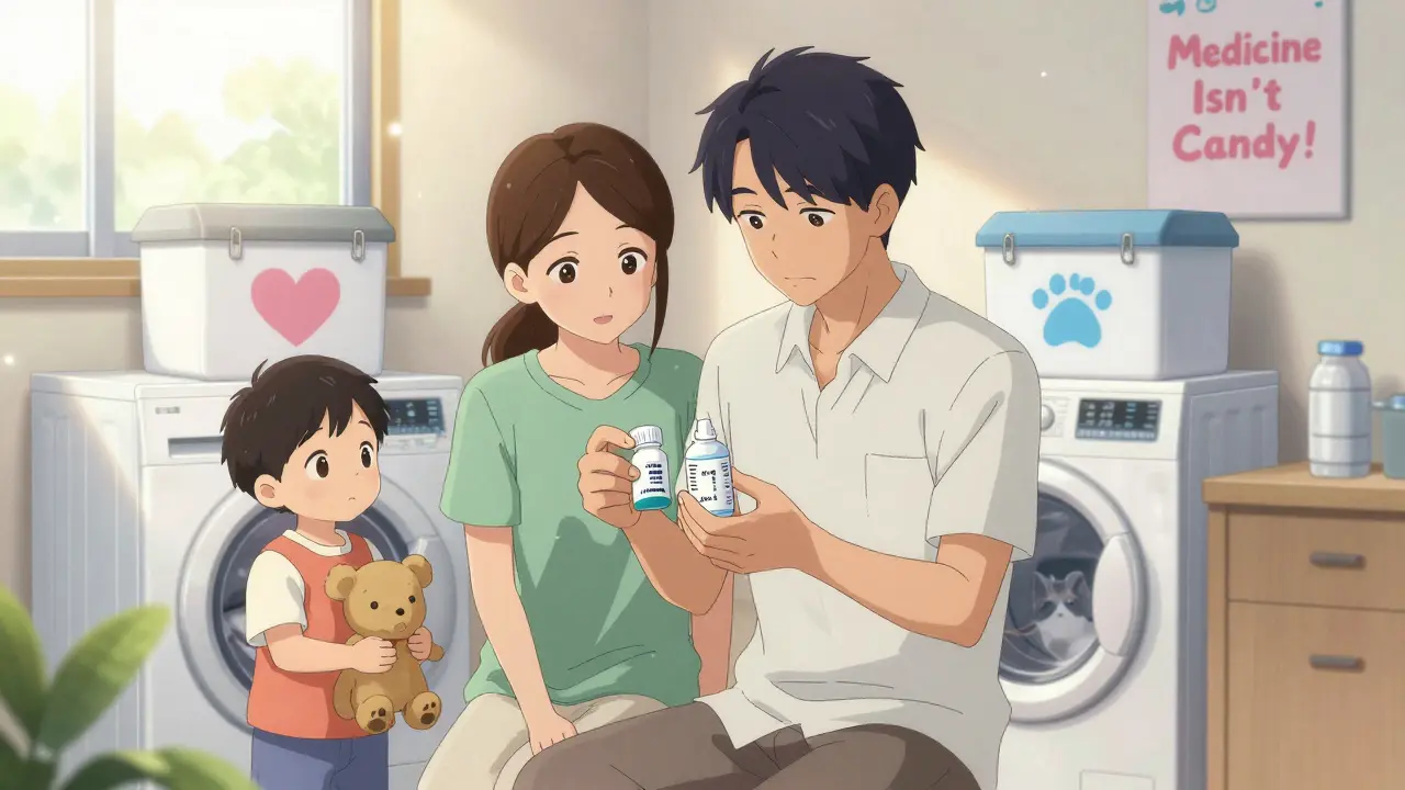 Family checking medication expiration dates in a laundry room, with two labeled locked boxes on the wall.