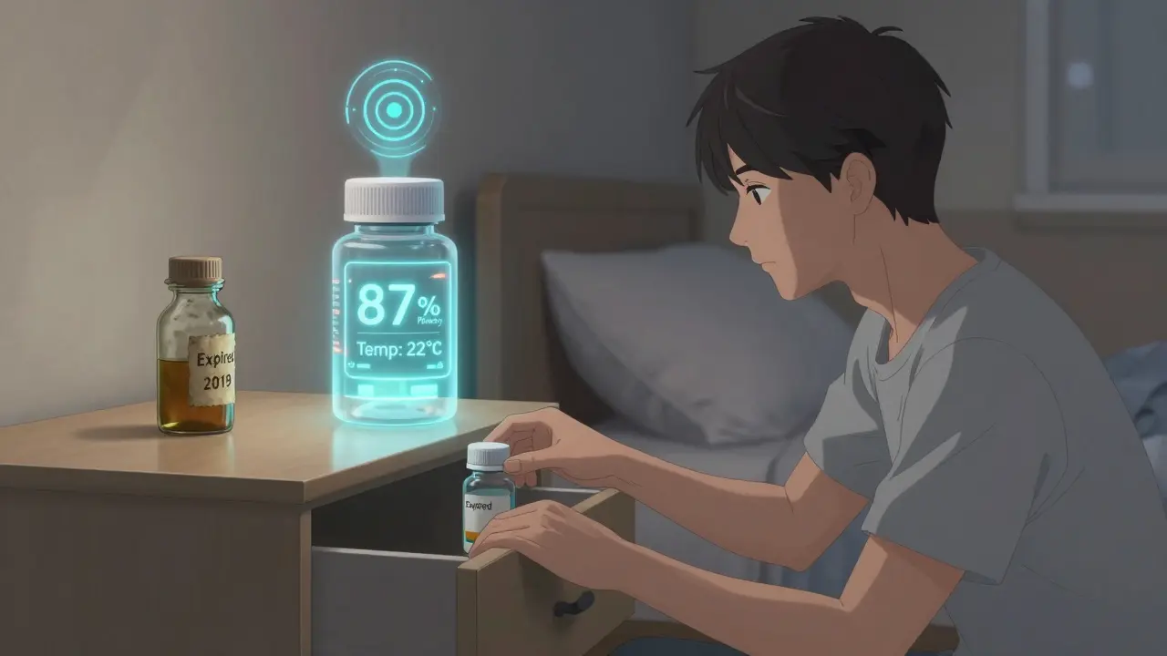 Futuristic smart pill bottle with holographic stability readout resting in a cool, dark bedroom drawer.