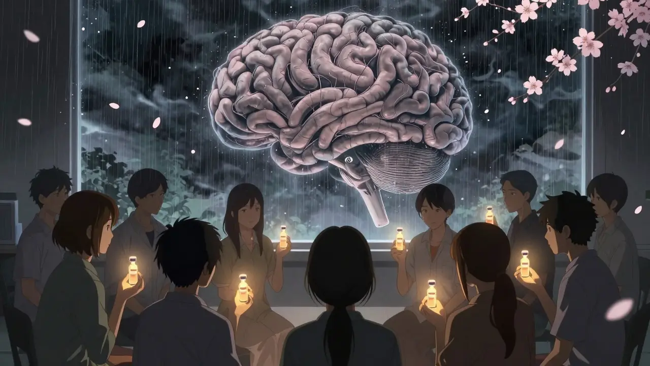 Group in support circle holding liquid medication, brain transforming from storm to calm behind them.